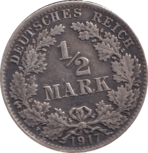 1917 SILVER 1/2 MARK GERMAN - SILVER WORLD COINS - Cambridgeshire Coins