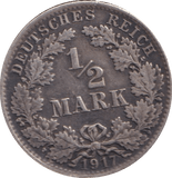 1917 SILVER 1/2 MARK GERMAN - SILVER WORLD COINS - Cambridgeshire Coins