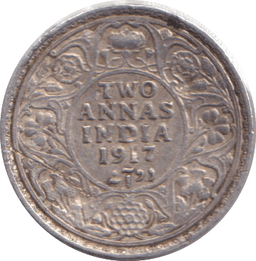 1917 SILVER TWO ANNAS INDIA - SILVER WORLD COINS - Cambridgeshire Coins