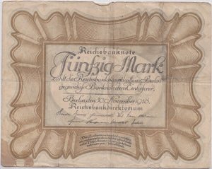 1918 50 MARK GERMAN INFLATION BANKNOTE BERLIN GERMANY REF 101 - World Banknotes - Cambridgeshire Coins