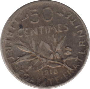 1918 SILVER 50 CENT FRANCE - SILVER WORLD COINS - Cambridgeshire Coins