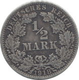 1918 SILVER GERMANY HALF MARK - SILVER WORLD COINS - Cambridgeshire Coins