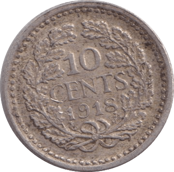 1918 TEN CENTS NETHERLANDS - SILVER WORLD COINS - Cambridgeshire Coins