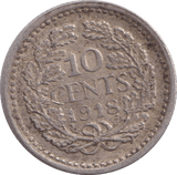 1918 TEN CENTS NETHERLANDS - SILVER WORLD COINS - Cambridgeshire Coins