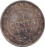 1919 SILVER 5 CENTS NEWFOUNDLAND - SILVER WORLD COINS - Cambridgeshire Coins