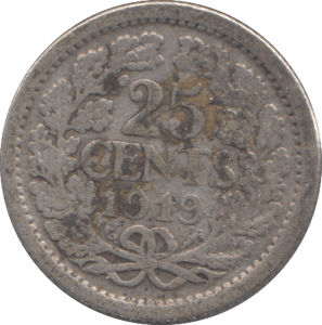 1919 SILVER NETHERLANDS 25 CENT - SILVER WORLD COINS - Cambridgeshire Coins