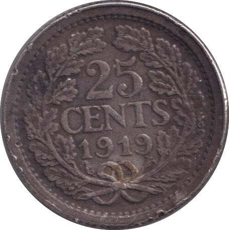 1919 SILVER TWENTY FIVE CENTS NETHERLANDS - SILVER WORLD COINS - Cambridgeshire Coins