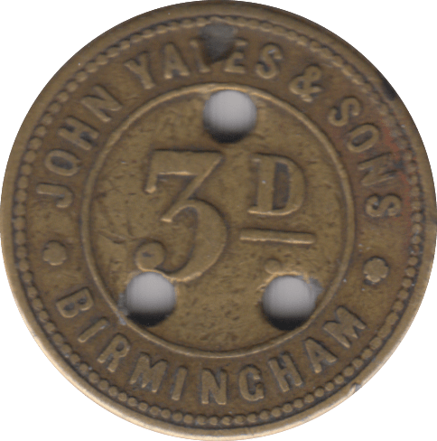 1920 3D TOKEN JOHN YATES & SONS BIRMINGHAM - OTHER TOKENS - Cambridgeshire Coins