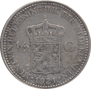 1921 SILVER 1/2 GUILDER NETHERLANDS - SILVER WORLD COINS - Cambridgeshire Coins