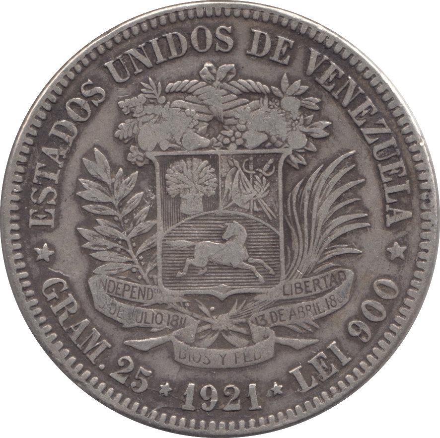 1921 SILVER 5 BOLÍVARES VENEZUELA - SILVER WORLD COINS - Cambridgeshire Coins