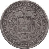 1921 SILVER 5 BOLÍVARES VENEZUELA - SILVER WORLD COINS - Cambridgeshire Coins