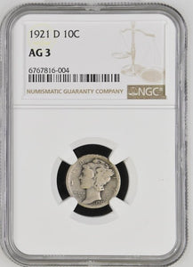 1921 SILVER DIME USA DENVER NGC AG3 - NGC CERTIFIED COINS - Cambridgeshire Coins