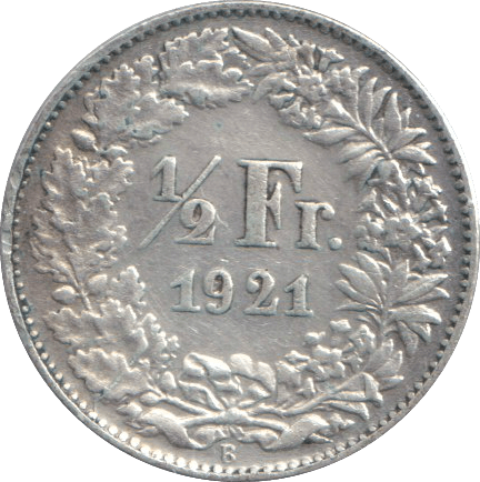 1921 SILVER HALF FRANC SWITZERLAND - SILVER WORLD COINS - Cambridgeshire Coins