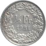 1921 SILVER HALF FRANC SWITZERLAND - SILVER WORLD COINS - Cambridgeshire Coins