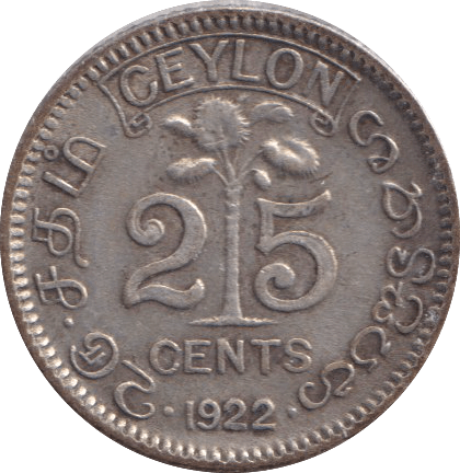 1922 SILVER 25 CENT CEYLON - SILVER WORLD COINS - Cambridgeshire Coins