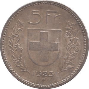 1923 B SILVER 5 FRANCS SWITZERLAND - SILVER WORLD COINS - Cambridgeshire Coins