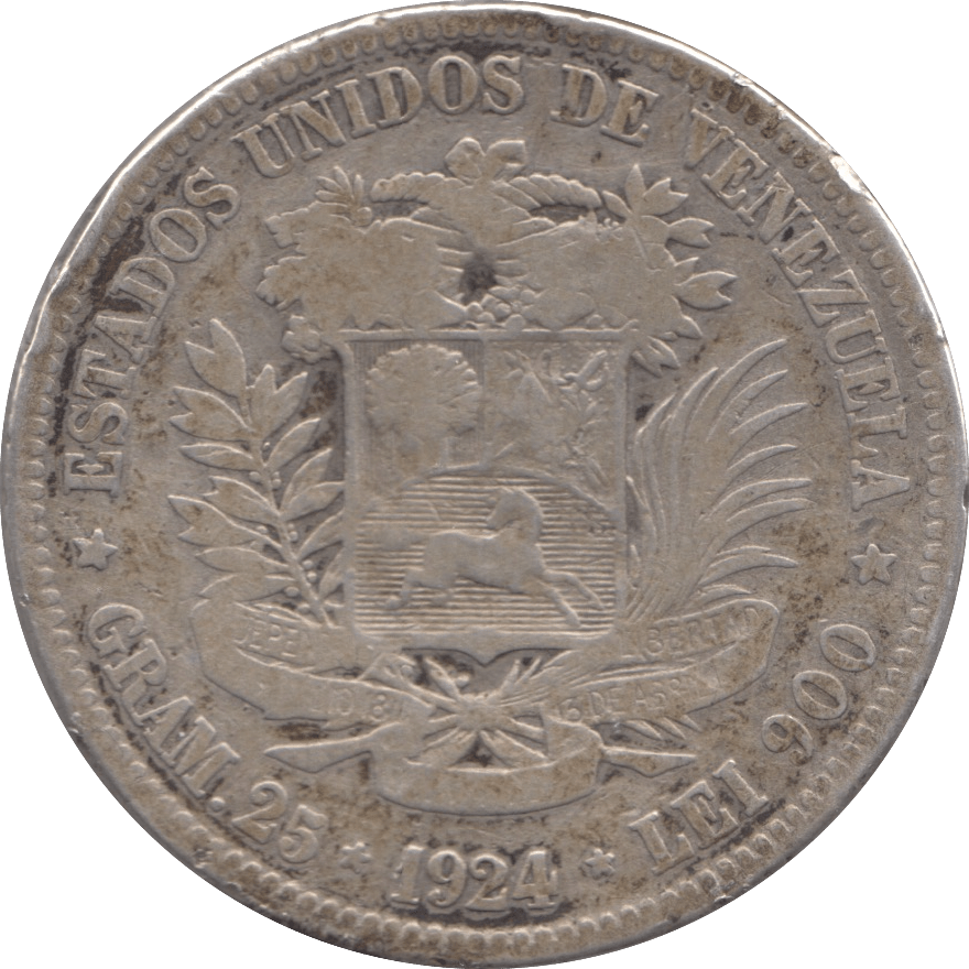 1924 SILVER 5 BOLIVIARS VENEZUELA - SILVER WORLD COINS - Cambridgeshire Coins