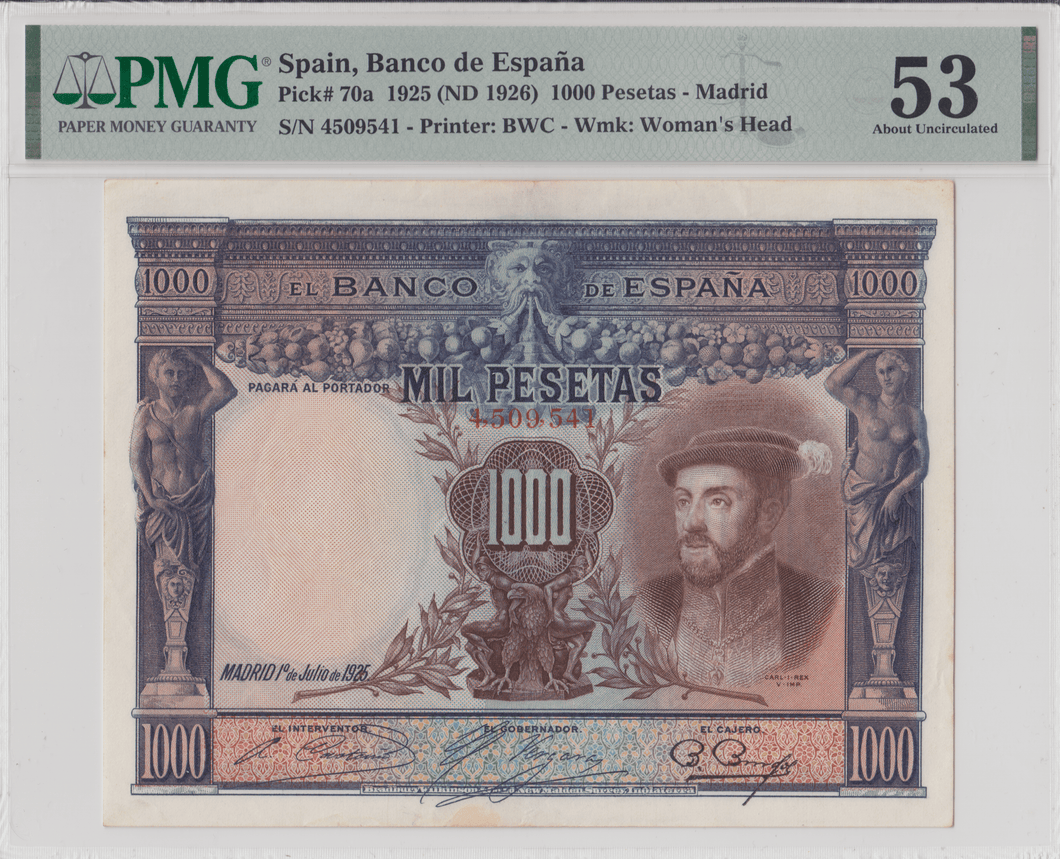 1925 BANKNOTE SPAIN BANCO DE ESPANA 1000 PESETAS - MADRID PMG - PMG CERTIFIED WORLD BANKNOTES - Cambridgeshire Coins