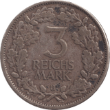 1925 SILVER THREE MARK GERMANY - SILVER WORLD COINS - Cambridgeshire Coins