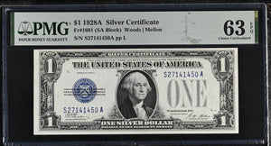 1928 UNITED STATES ONE DOLLAR FR1601 PMG 63 CHOICE UNCIRCULATED - PMG CERTIFIED WORLD BANKNOTES - Cambridgeshire Coins