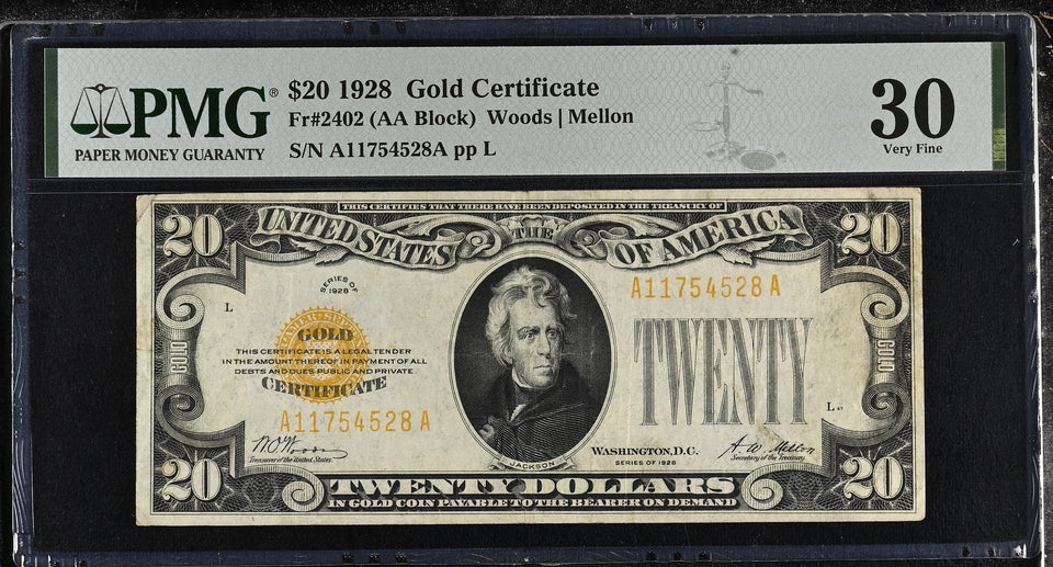 1928 UNITED STATES TWENTY DOLLAR FR2402 PMG 30 VERY FINE - PMG CERTIFIED WORLD BANKNOTES - Cambridgeshire Coins