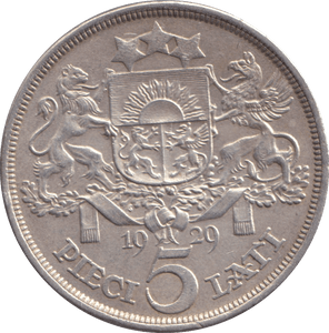 1929 SILVER 5 LATI LATVIA - SILVER WORLD COINS - Cambridgeshire Coins