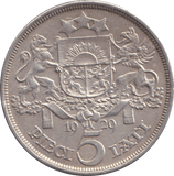 1929 SILVER 5 LATI LATVIA - SILVER WORLD COINS - Cambridgeshire Coins
