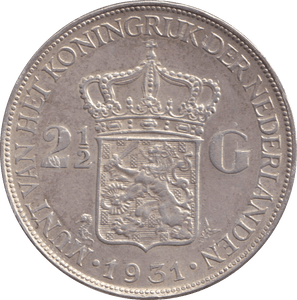 1931 SILVER 2 1/2 GULDEN NETHERLANDS - SILVER WORLD COINS - Cambridgeshire Coins