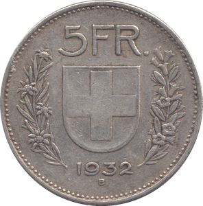 1932 SILVER 5 FRANC SWITZERLAND - SILVER WORLD COINS - Cambridgeshire Coins