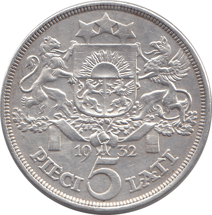 1932 SILVER FIVE LATI LATVIA - SILVER WORLD COINS - Cambridgeshire Coins