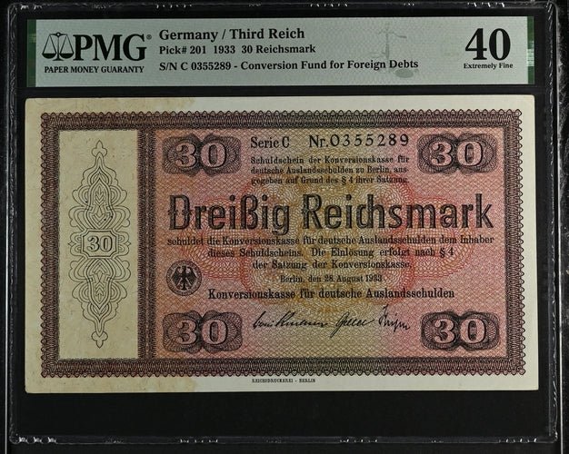 1933 GERMANY THIRD REICH 30 REICHSMARK CONVERSION FUND FOR, FOREIGN DEBTS GER201 C 0355289 ( PMG ) XF 40 - PMG WORLD BANKNOTES - Cambridgeshire Coins