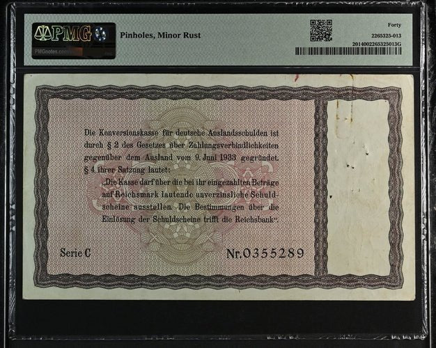 1933 GERMANY THIRD REICH 30 REICHSMARK CONVERSION FUND FOR, FOREIGN DEBTS GER201 C 0355289 ( PMG ) XF 40 - PMG WORLD BANKNOTES - Cambridgeshire Coins