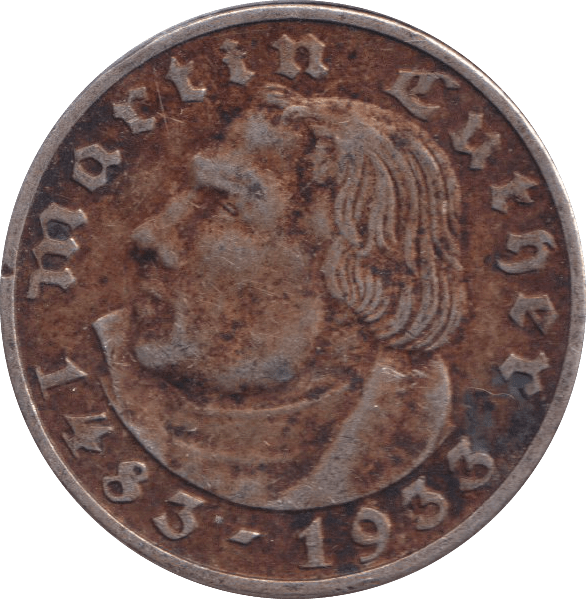 1933 SILVER 2 REICHMARK GERMANY - SILVER WORLD COINS - Cambridgeshire Coins