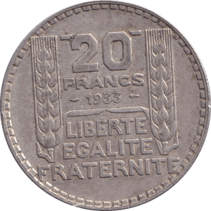 1933 SILVER 20 FRANC FRANCE - SILVER WORLD COINS - Cambridgeshire Coins