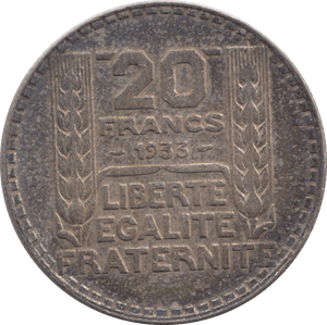 1933 SILVER 20 FRANCS FRANCE 3 - SILVER WORLD COINS - Cambridgeshire Coins