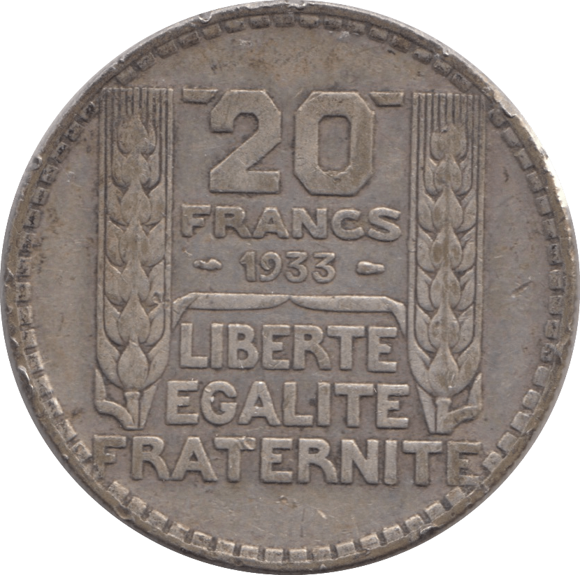 1933 SILVER 20 FRANCS FRANCE 5 - SILVER WORLD COINS - Cambridgeshire Coins