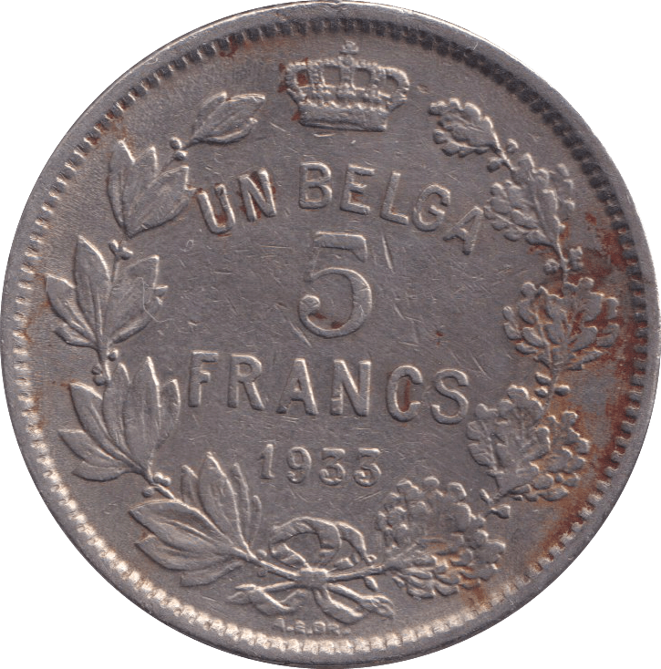 1933 SILVER 5 FRANC BELGIUM - SILVER WORLD COINS - Cambridgeshire Coins