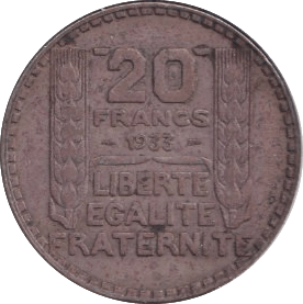 1933 SILVER FRANCE 20 FRANCS - SILVER WORLD COINS - Cambridgeshire Coins