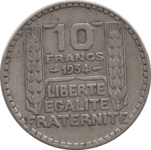 1934 SILVER 10 FRANCS FRANCE) - SILVER WORLD COINS - Cambridgeshire Coins