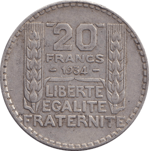 1934 SILVER 20 FRANC FRANCE - SILVER WORLD COINS - Cambridgeshire Coins