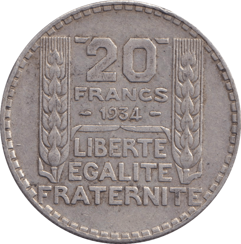 1934 SILVER 20 FRANC FRANCE - SILVER WORLD COINS - Cambridgeshire Coins