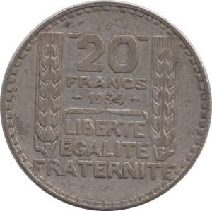 1934 SILVER 20 FRANCS FRANCE - SILVER WORLD COINS - Cambridgeshire Coins