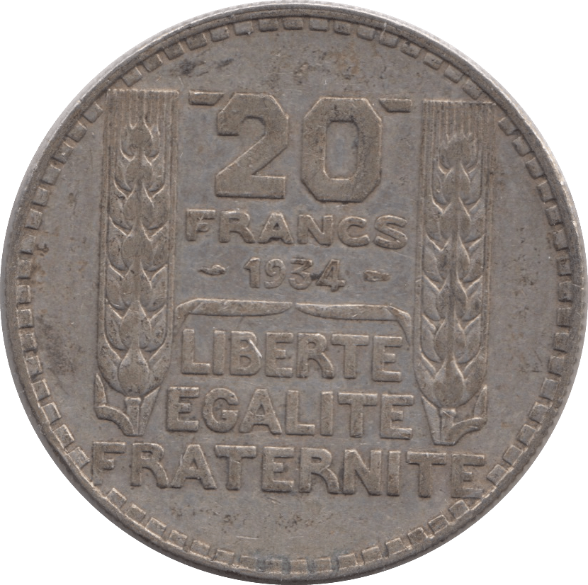 1934 SILVER 20 FRANCS FRANCE - SILVER WORLD COINS - Cambridgeshire Coins