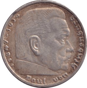 1934 SILVER 5 REICHSMARK GERMANY - SILVER WORLD COINS - Cambridgeshire Coins