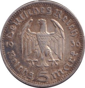 1934 SILVER 5 REICHSMARK GERMANY - SILVER WORLD COINS - Cambridgeshire Coins