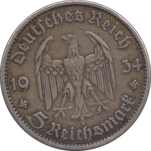 1934 SILVER FIVE MARK GERMANY - SILVER WORLD COINS - Cambridgeshire Coins