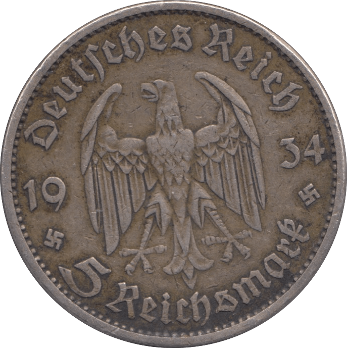 1934 SILVER FIVE MARK GERMANY - SILVER WORLD COINS - Cambridgeshire Coins