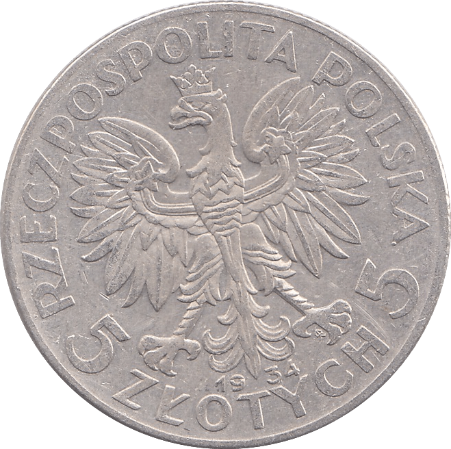1934 SILVER FIVE ZLOTY POLAND - WORLD COINS - Cambridgeshire Coins