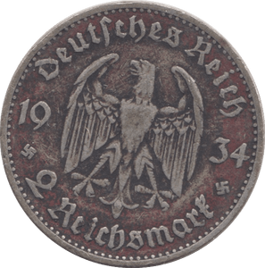 1934 SILVER GERMANY 2 MARK - SILVER WORLD COINS - Cambridgeshire Coins