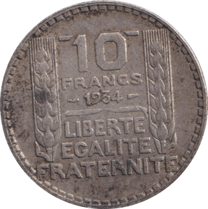 1934 TEN FRANCS FRANCE - SILVER WORLD COINS - Cambridgeshire Coins
